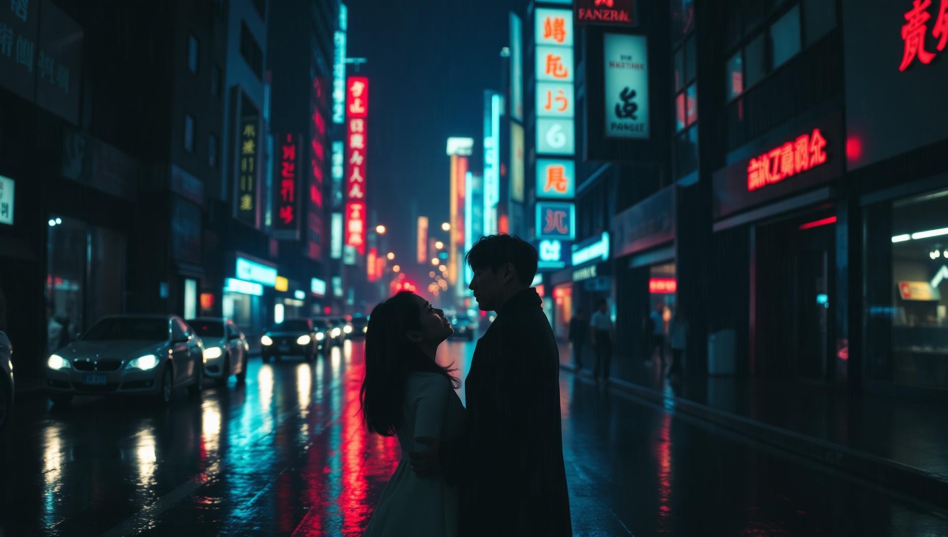 Casal de dorama em rua chuvosa de Seul à noite